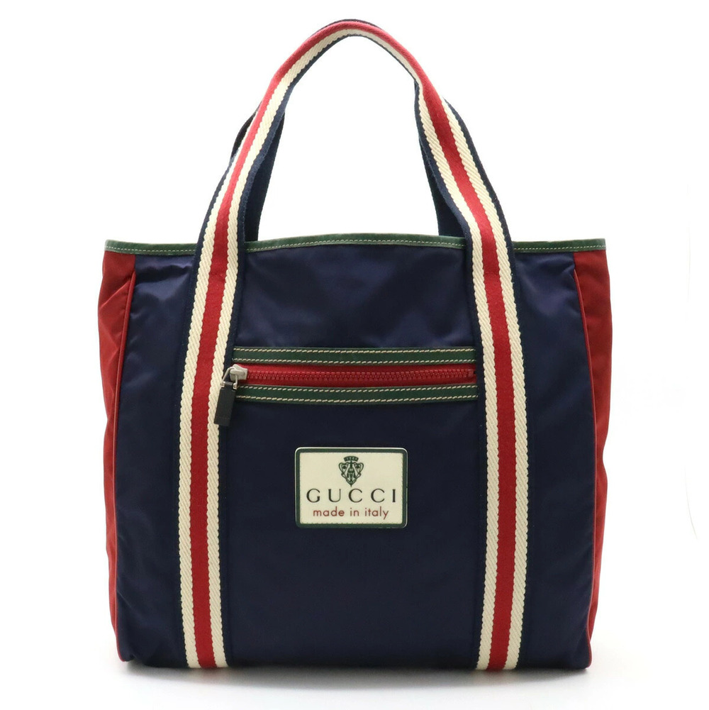 Gucci Crest Sherry Tote Bag Shoulder Leather Navy Blue Red Green